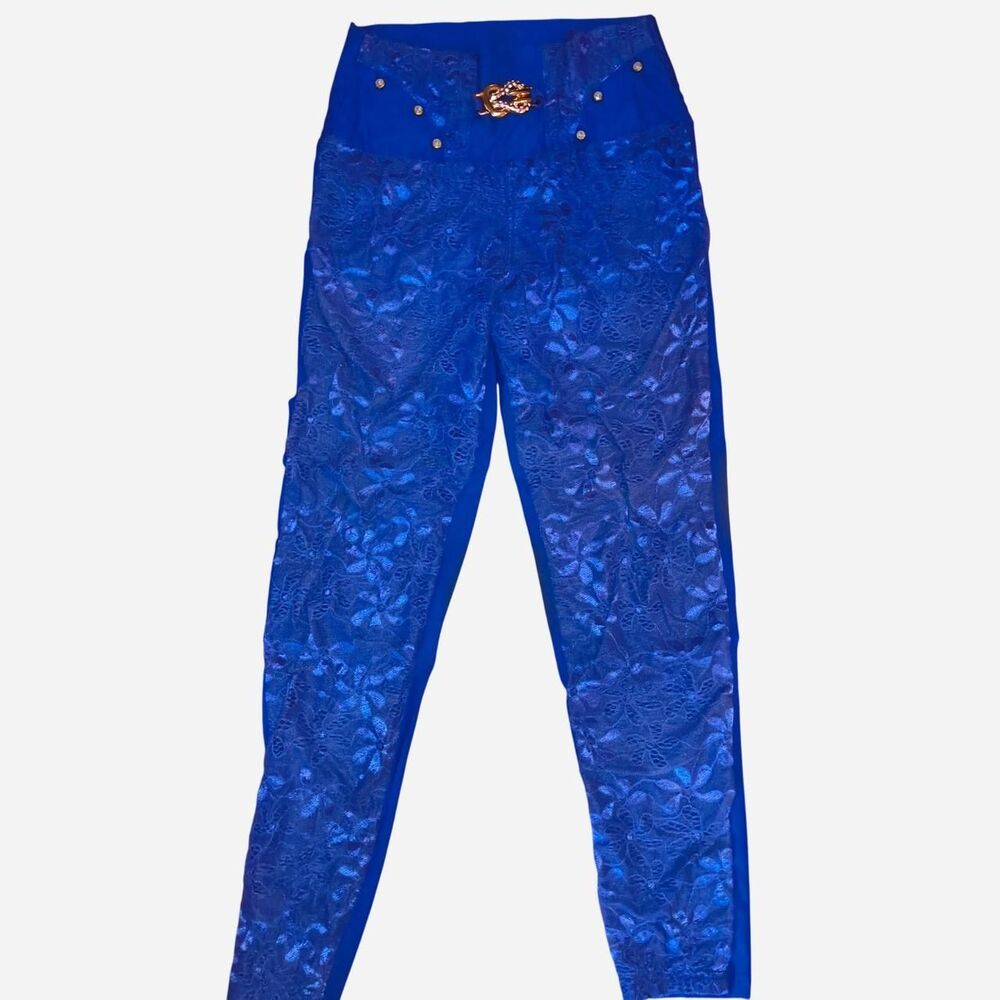 Vintage Y2K Royal Blue Lace Overlay Leggings Pants Rhinestone Size M/L